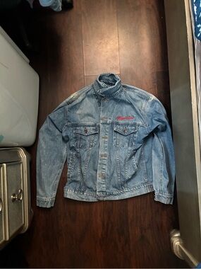 Men's Light Denim Shirt Jacket with Red Script Detail